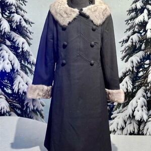 Elegant Black mink Trimmed Vintage Wool Women's Coat